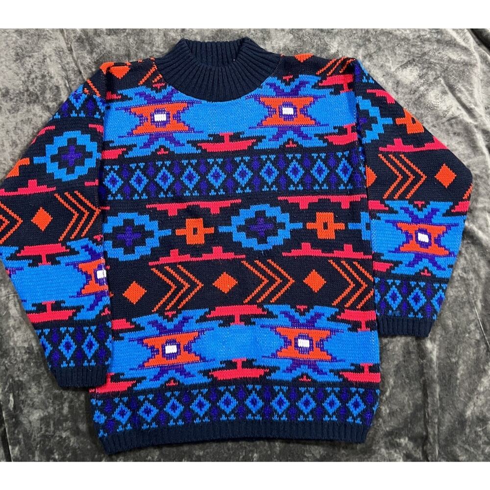 Croquet Club Aztec Sweater Medium Vintage USA Blue Red Knit Southwestern Retro